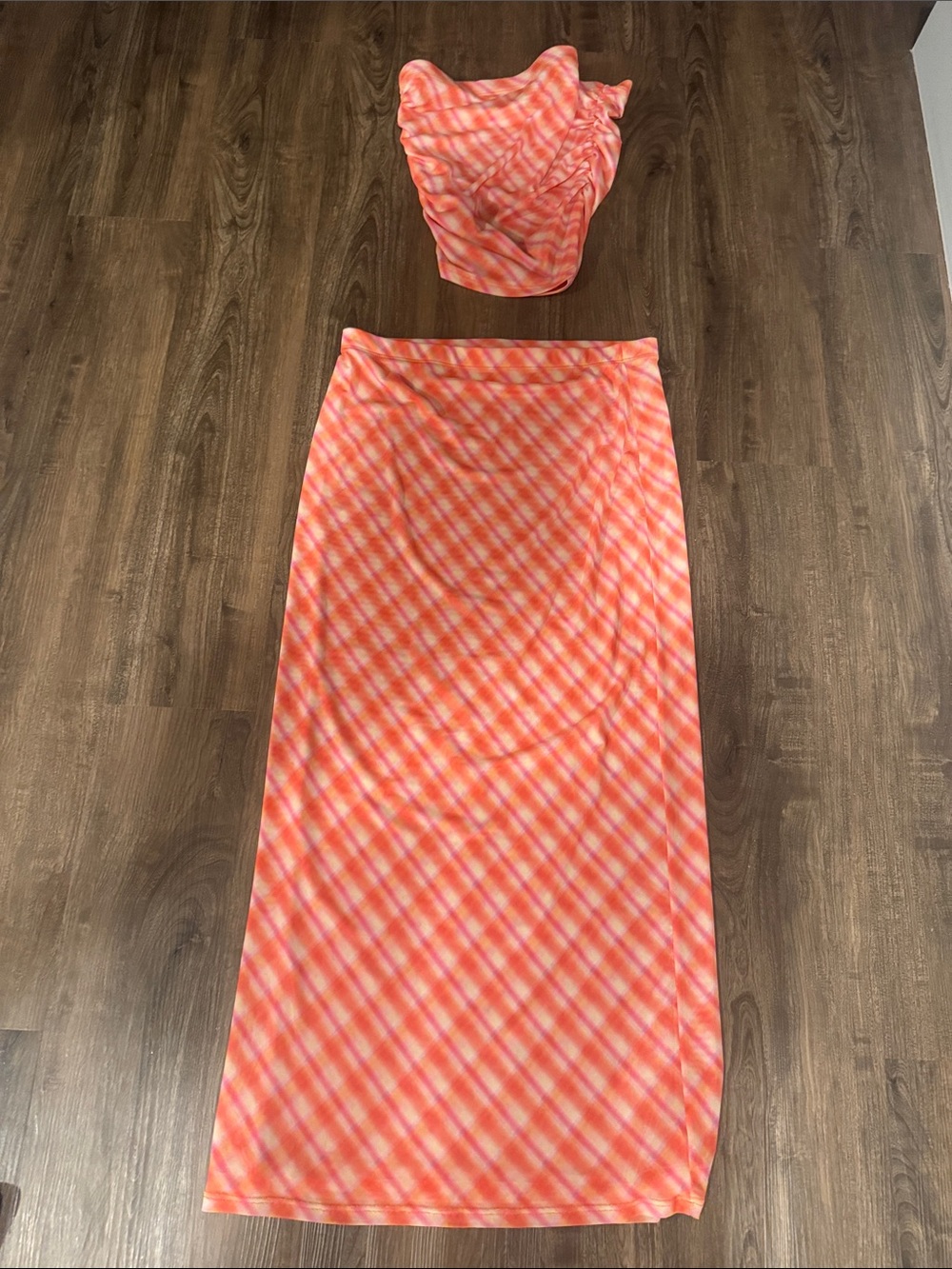 RESA Coral and White Plaid Maxi Skirt and Top